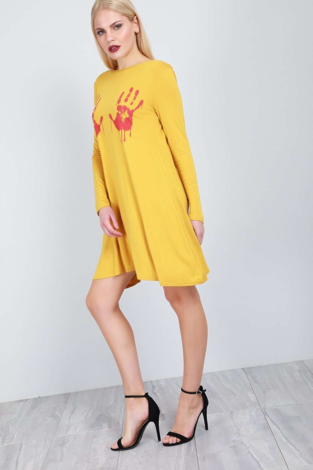 Long Sleeve Blood Print Swing Dress - bejealous-com