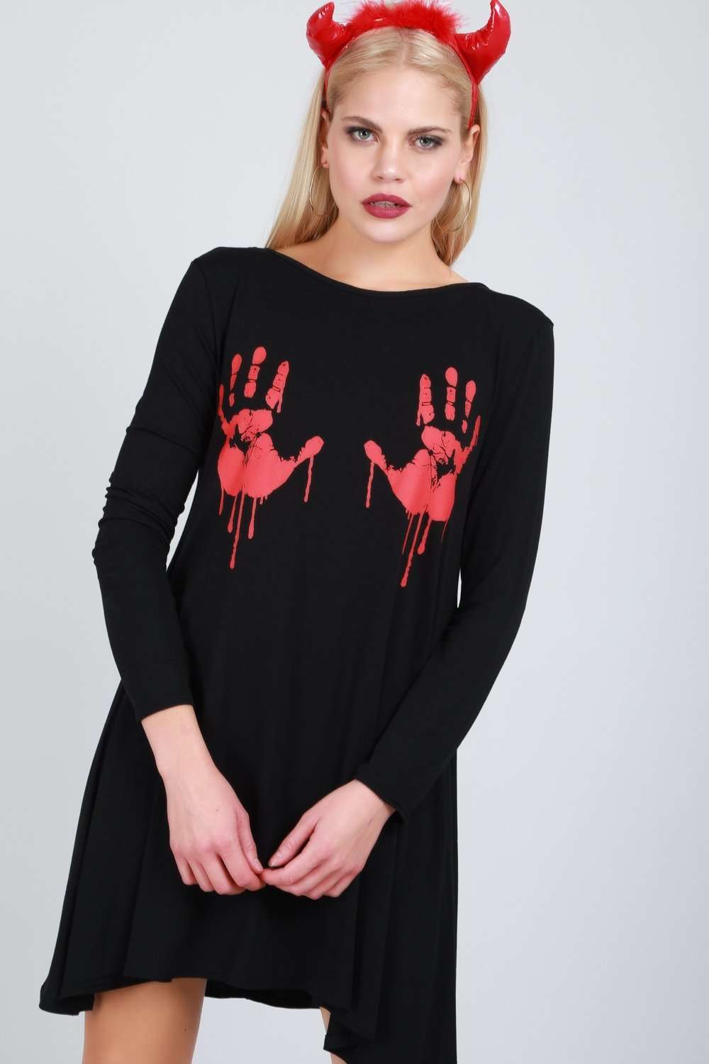 Long Sleeve Blood Print Swing Dress - bejealous-com
