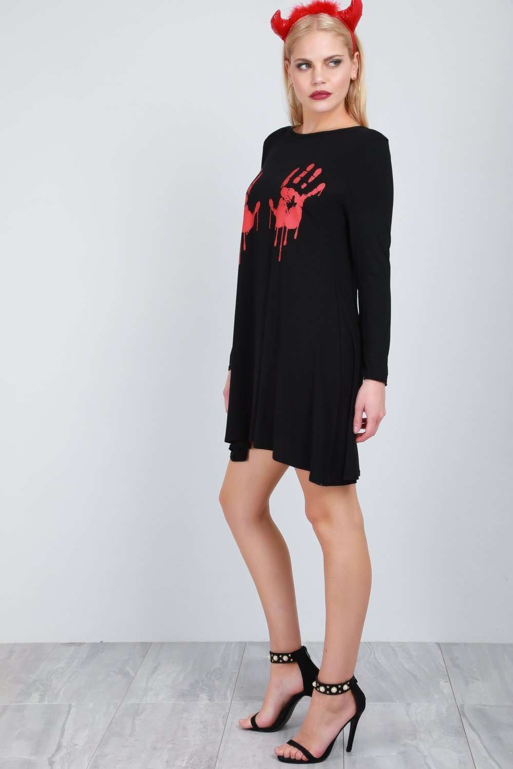 Long Sleeve Blood Print Swing Dress - bejealous-com