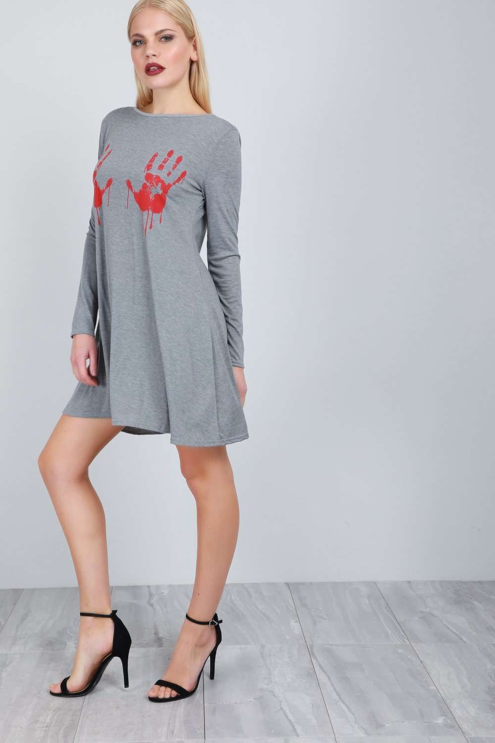Long Sleeve Blood Print Swing Dress - bejealous-com