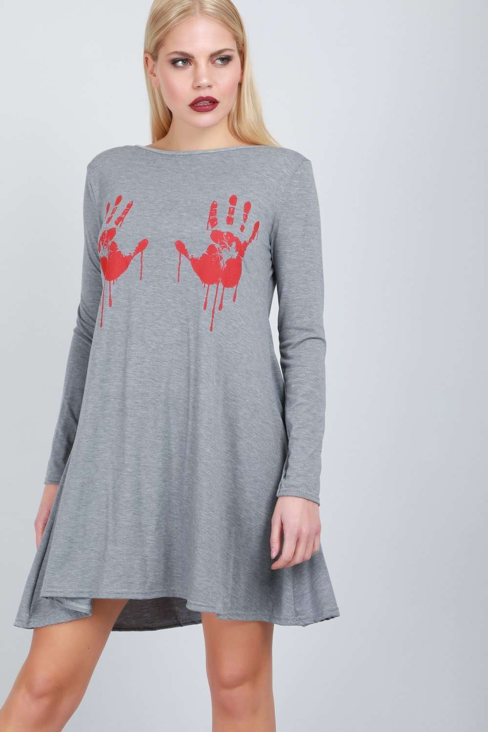 Long Sleeve Blood Print Swing Dress - bejealous-com