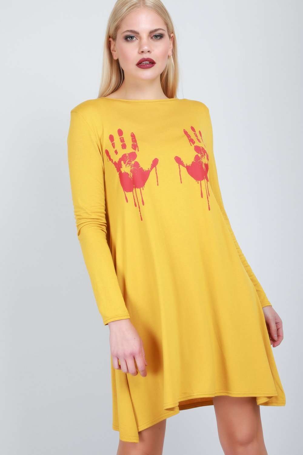 Long Sleeve Blood Print Swing Dress - bejealous-com