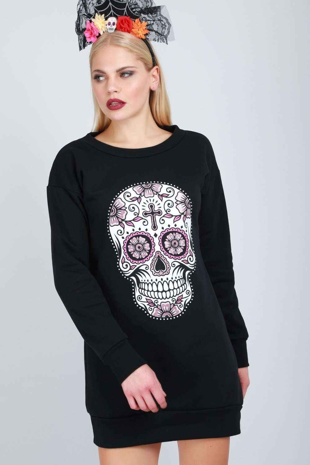 Long Sleeve Candy Skull Sweater Dress - bejealous-com