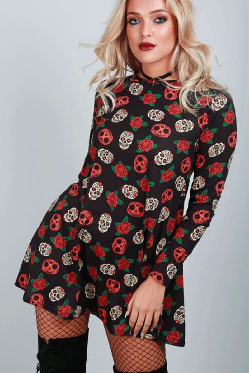 Long Sleeve Candy Skull Swing Dress - bejealous-com
