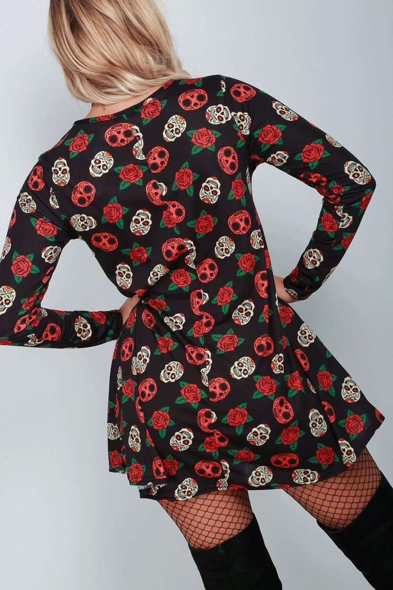Long Sleeve Candy Skull Swing Dress - bejealous-com