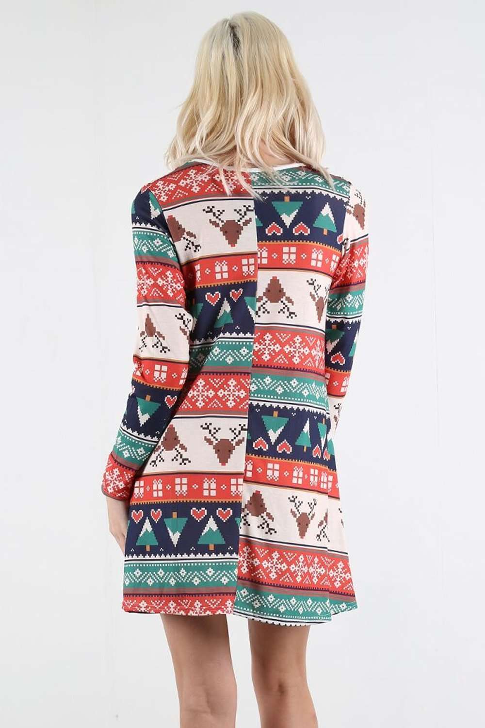Long Sleeve Christmas Aztec Print Swing Dress - bejealous-com
