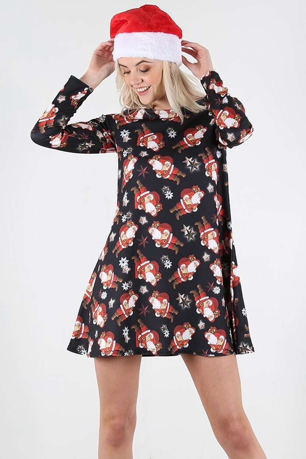Long Sleeve Christmas Aztec Print Swing Dress - bejealous-com