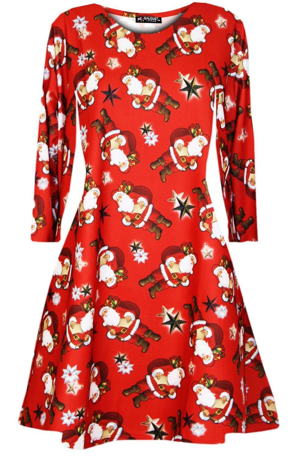 Long Sleeve Christmas Aztec Print Swing Dress - bejealous-com