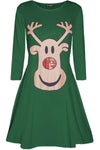 Long Sleeve Christmas Reindeer Print Swing Dress - bejealous-com