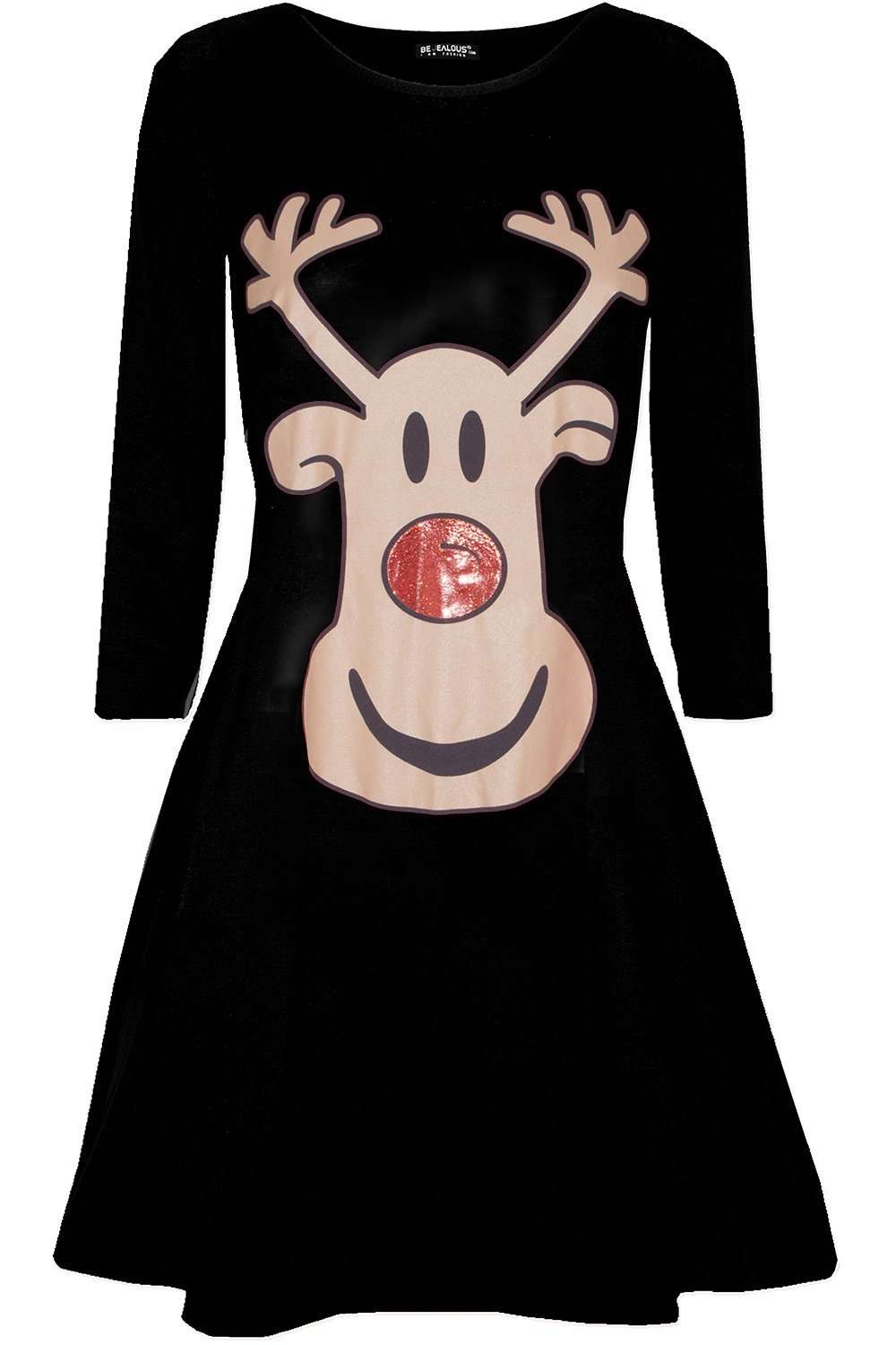 Long Sleeve Christmas Reindeer Print Swing Dress - bejealous-com