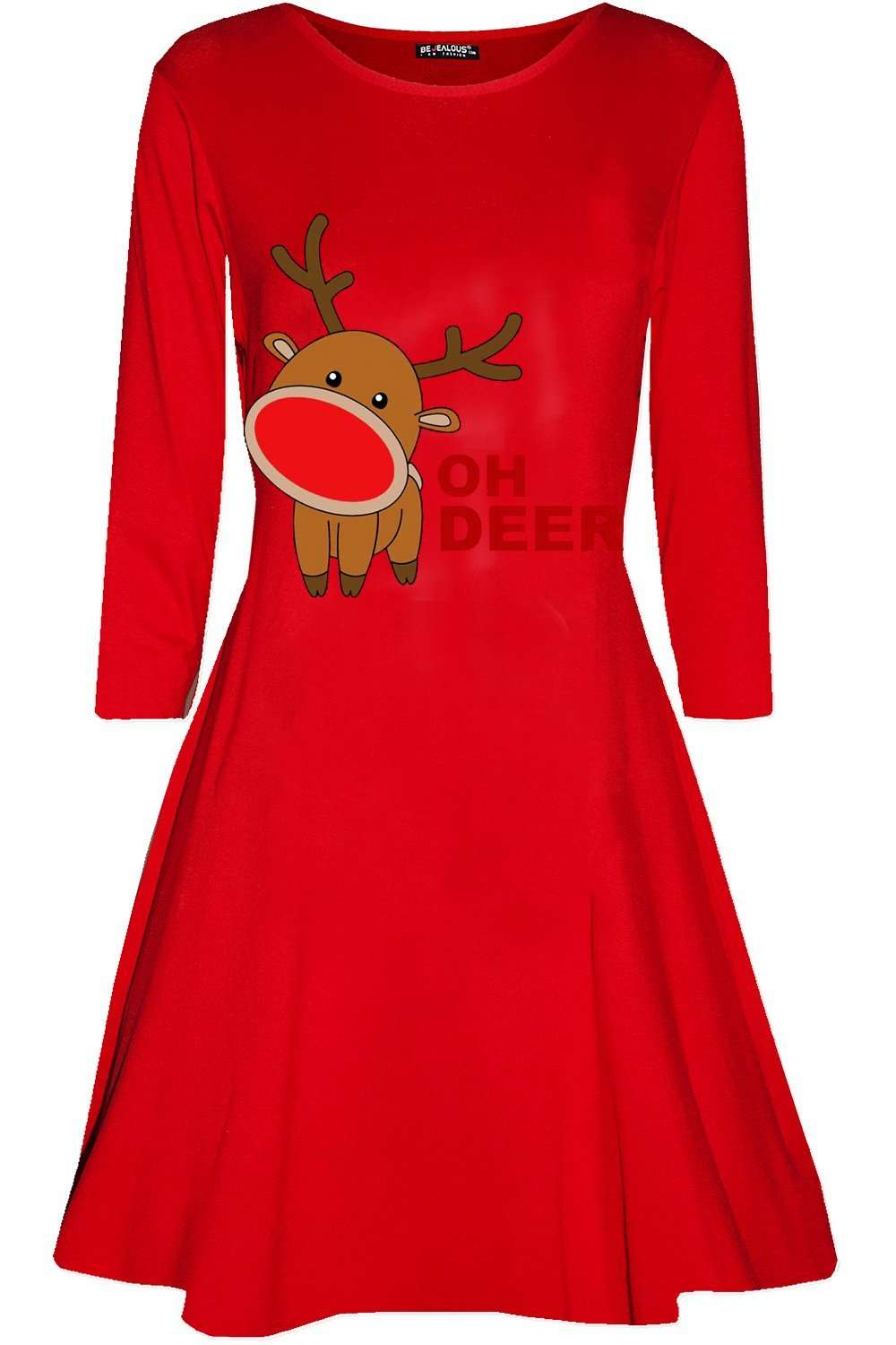Long Sleeve Christmas Reindeer Print Swing Dress - bejealous-com