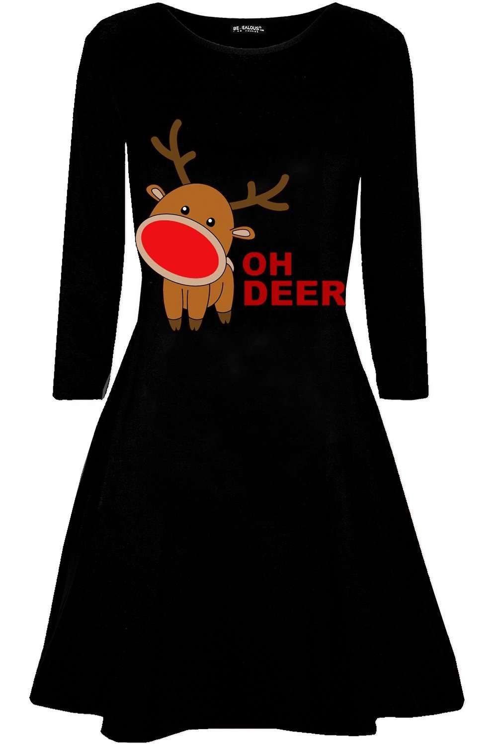 Long Sleeve Christmas Reindeer Print Swing Dress - bejealous-com