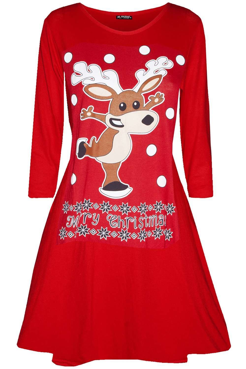 Long Sleeve Dancing Reindeer Print Swing Dress - bejealous-com