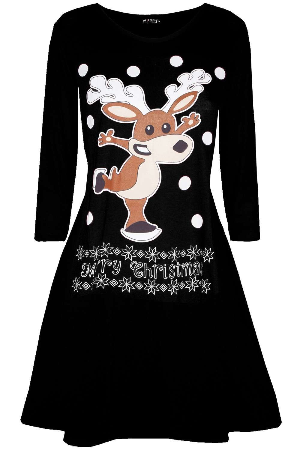 Long Sleeve Dancing Reindeer Print Swing Dress - bejealous-com