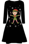 Long Sleeve Elf Print Christmas Swing Dress - bejealous-com