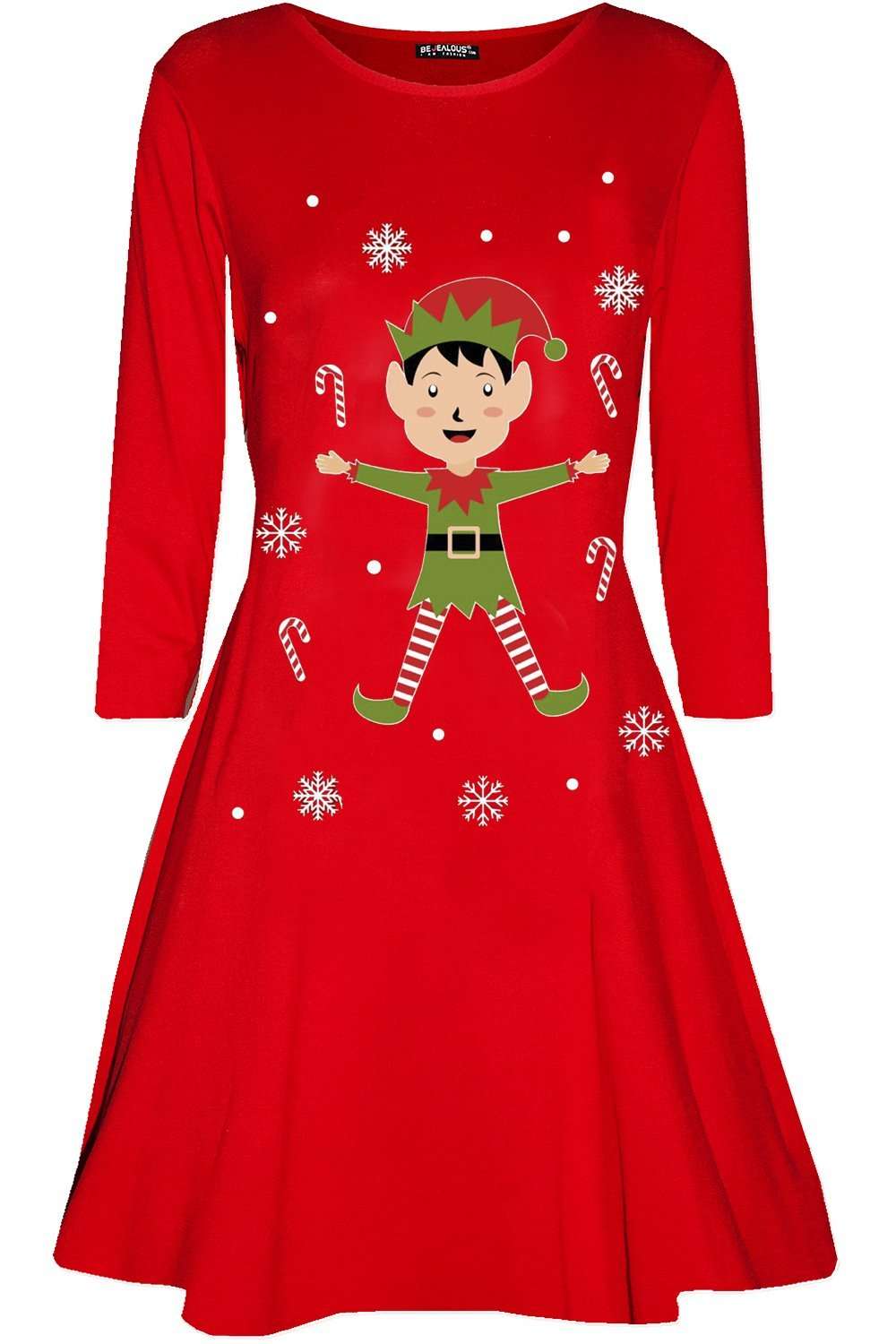 Long Sleeve Elf Print Christmas Swing Dress - bejealous-com