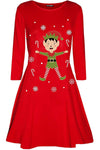 Long Sleeve Elf Print Christmas Swing Dress - bejealous-com