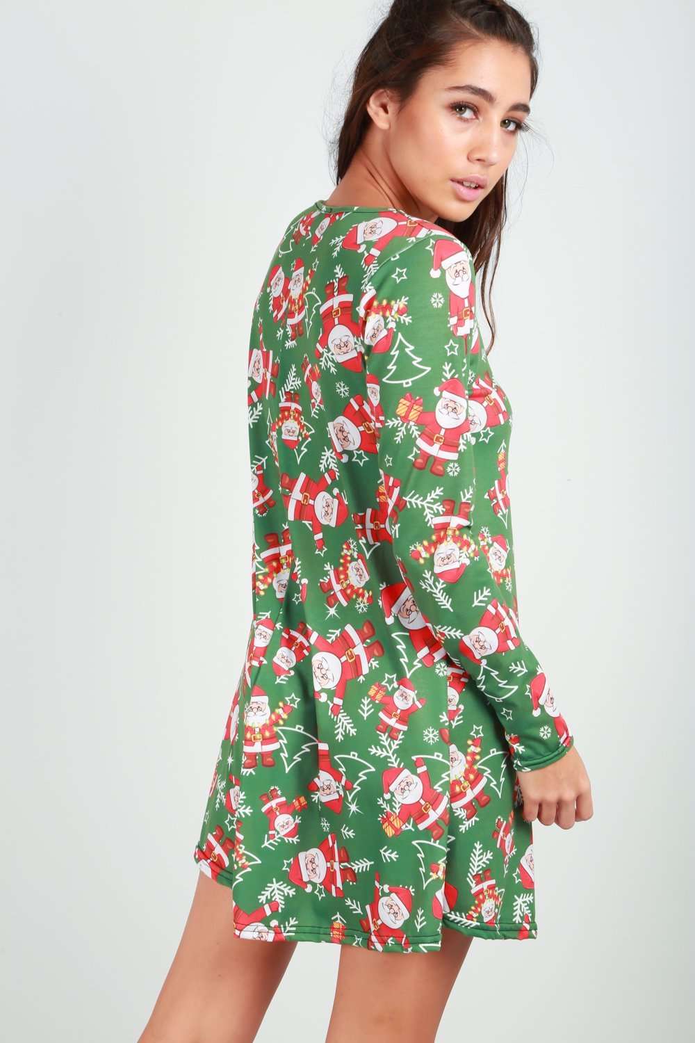Long Sleeve Father Christmas Print Swing Dress - bejealous-com