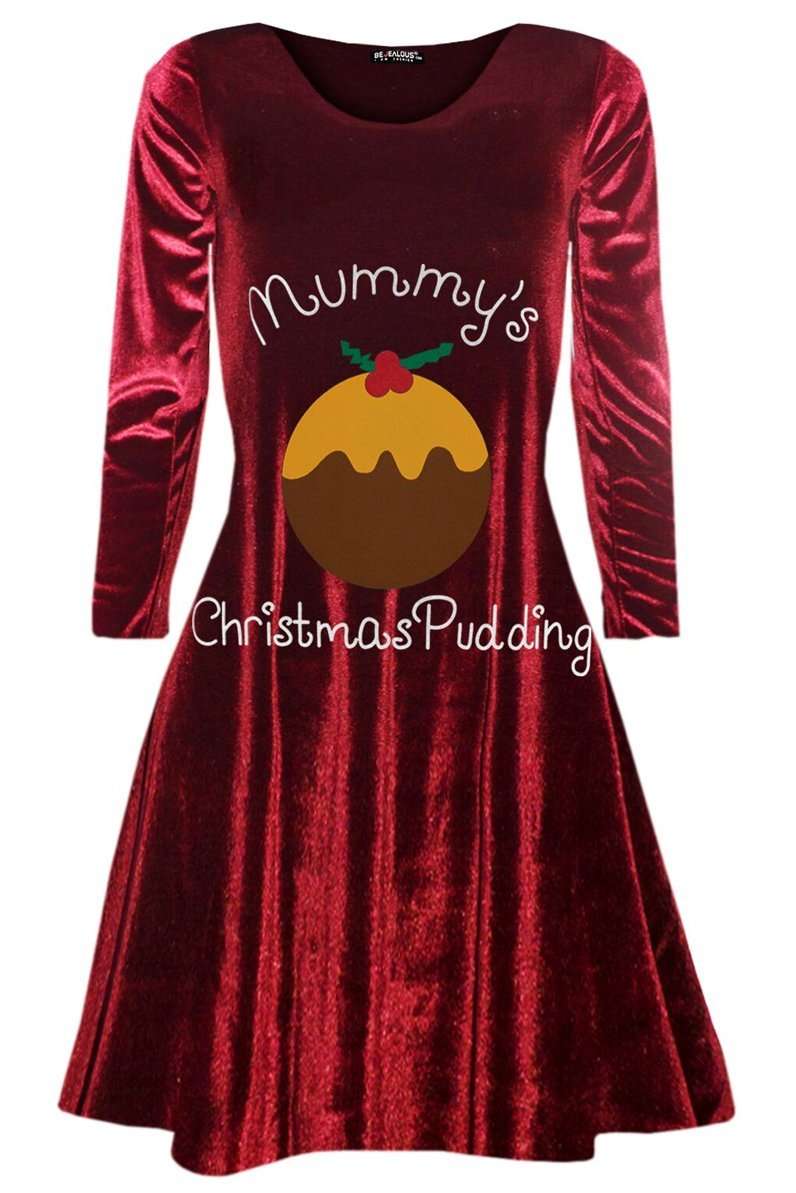 Long Sleeve Faux Velvet Xmas Pudding Swing Dress - bejealous-com