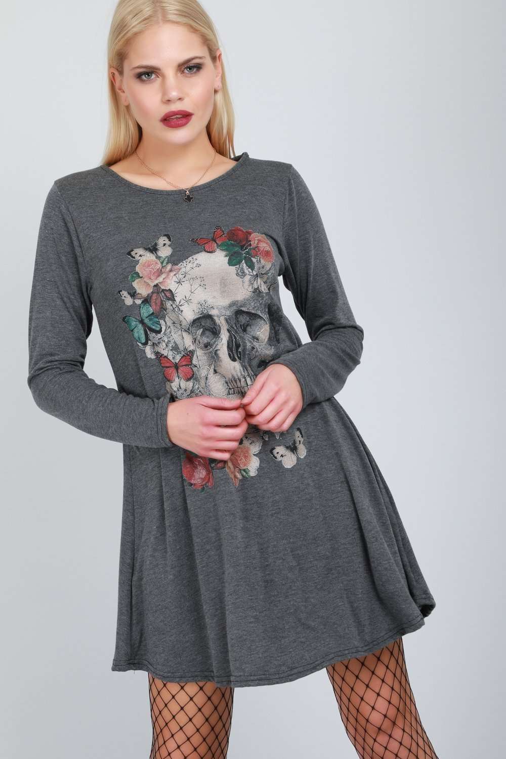Long Sleeve Floral Skull Print Swing Dress - bejealous-com