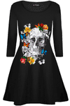 Long Sleeve Floral Skull Print Swing Dress - bejealous-com