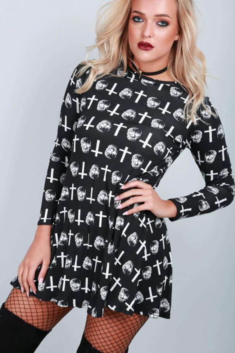 Long Sleeve Halloween Print Swing Dress - bejealous-com