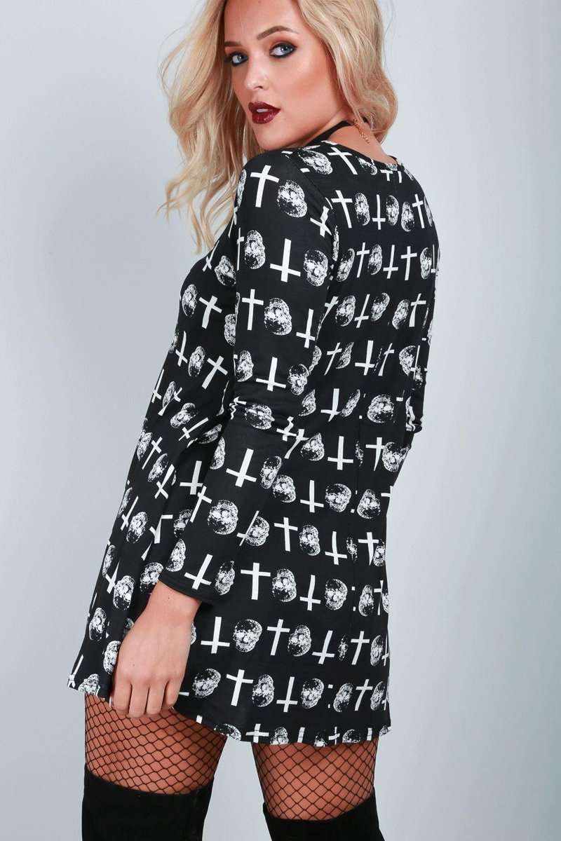 Long Sleeve Halloween Print Swing Dress - bejealous-com