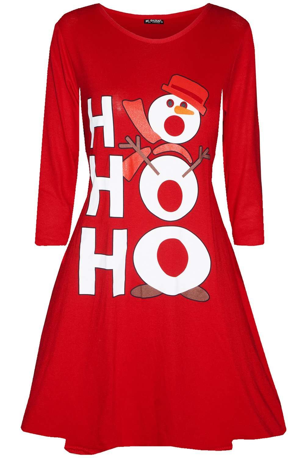 Long Sleeve Hohoho Snowman Print Swing Dress - bejealous-com