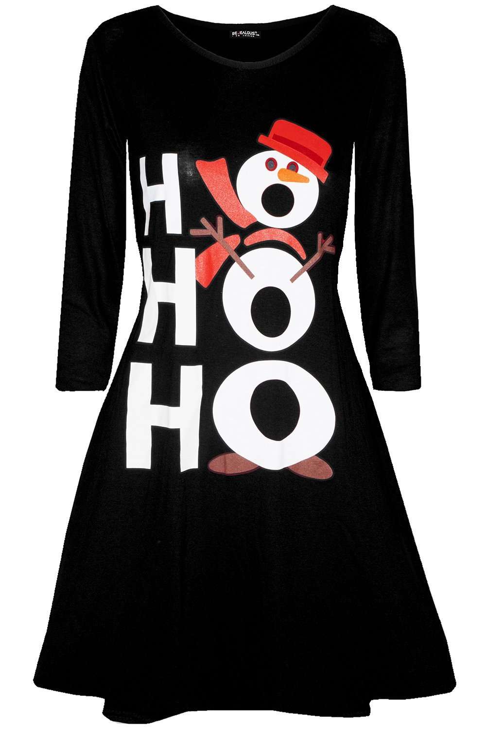 Long Sleeve Hohoho Snowman Print Swing Dress - bejealous-com