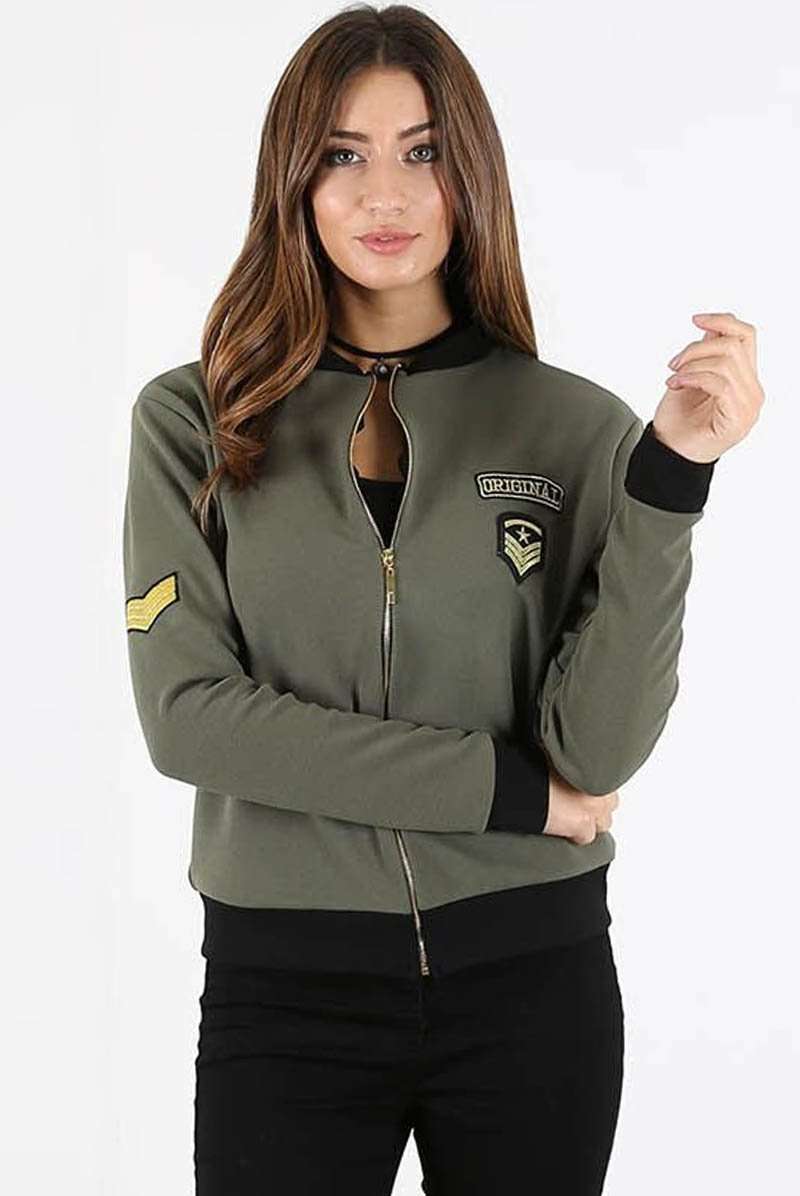 Long Sleeve Military Badge Khaki Bomber Jacket - bejealous-com