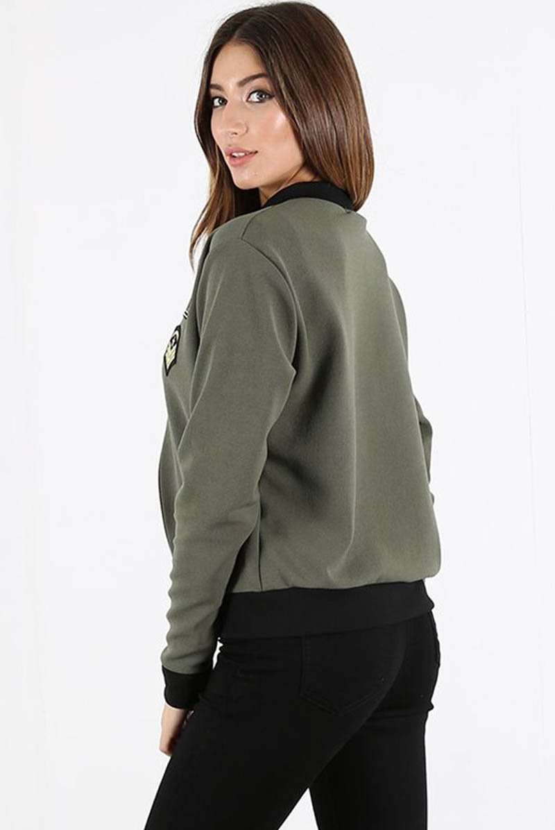 Long Sleeve Military Badge Khaki Bomber Jacket - bejealous-com