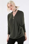 Long Sleeve Plunge Neck Dipped Hem Bat Wing Top - bejealous-com