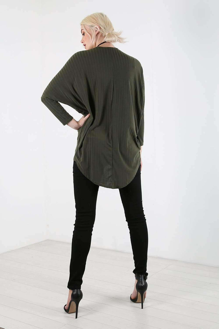 Long Sleeve Plunge Neck Dipped Hem Bat Wing Top - bejealous-com