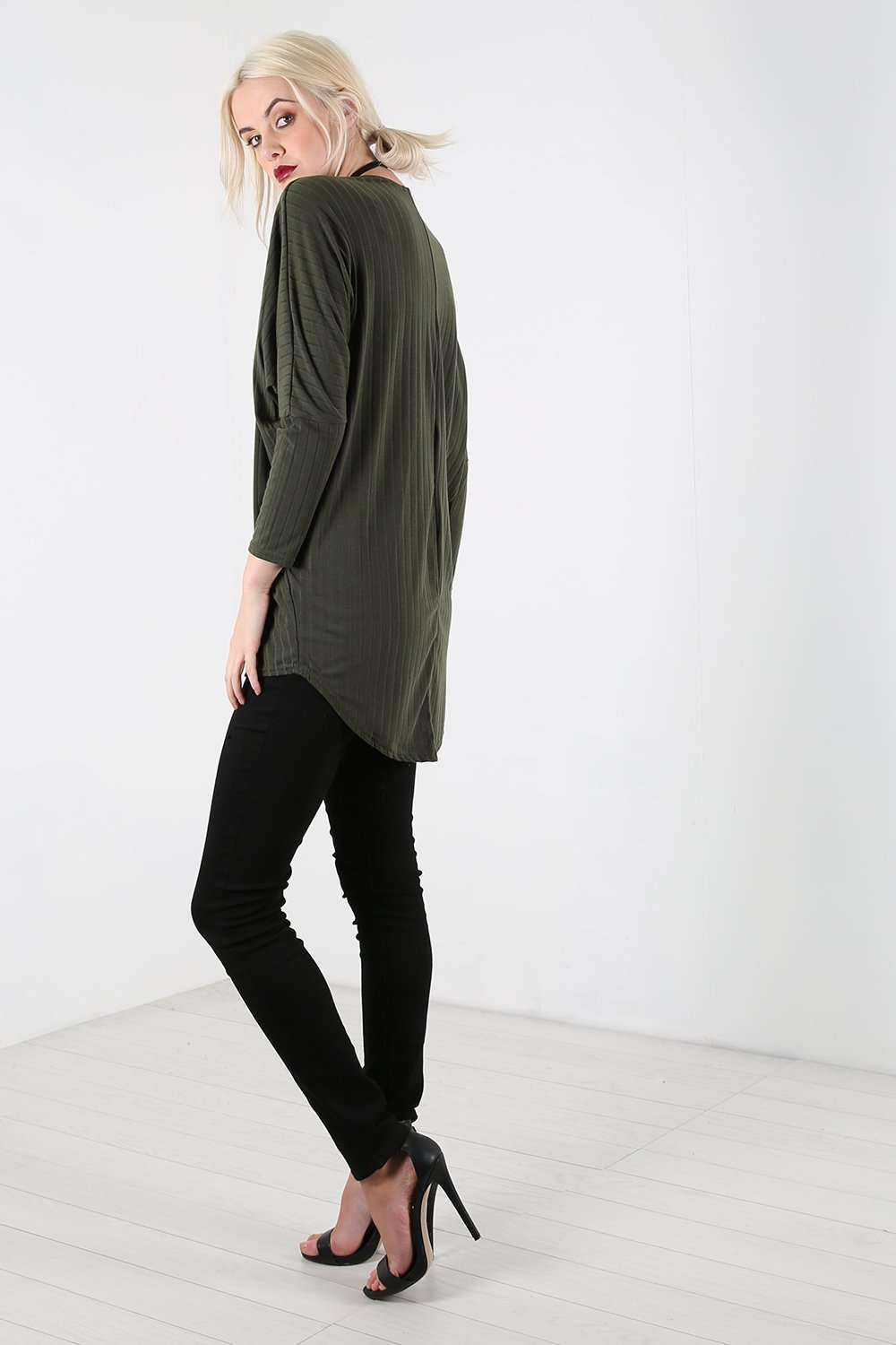 Long Sleeve Plunge Neck Dipped Hem Bat Wing Top - bejealous-com