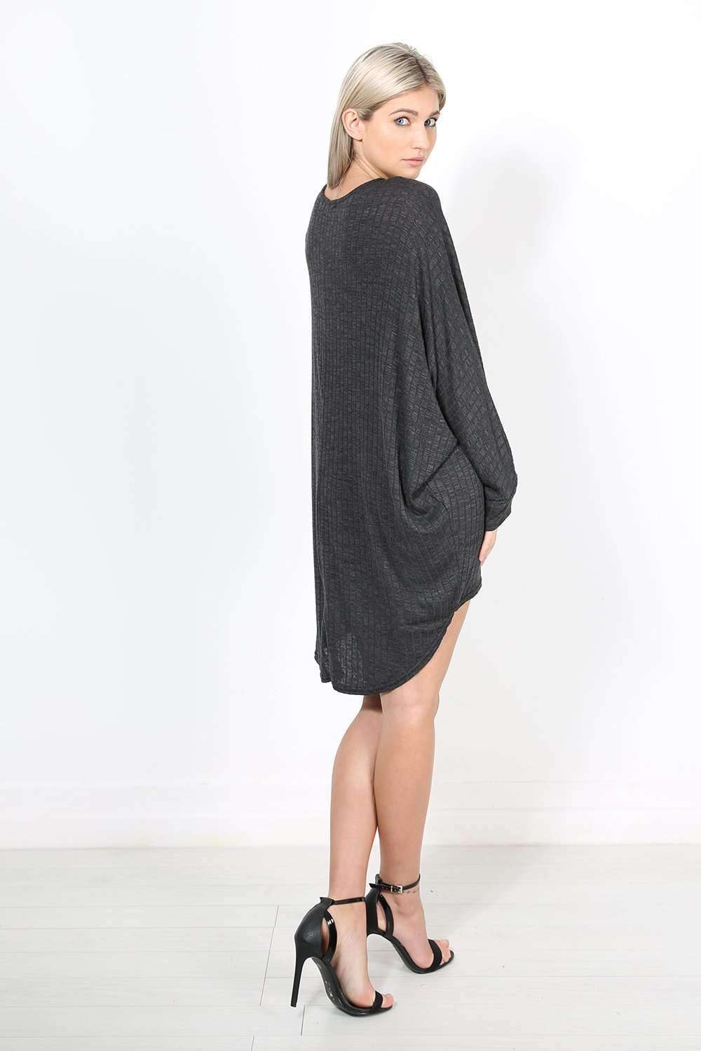 Long Sleeve Plunge Neck Dipped Hem Bat Wing Top - bejealous-com