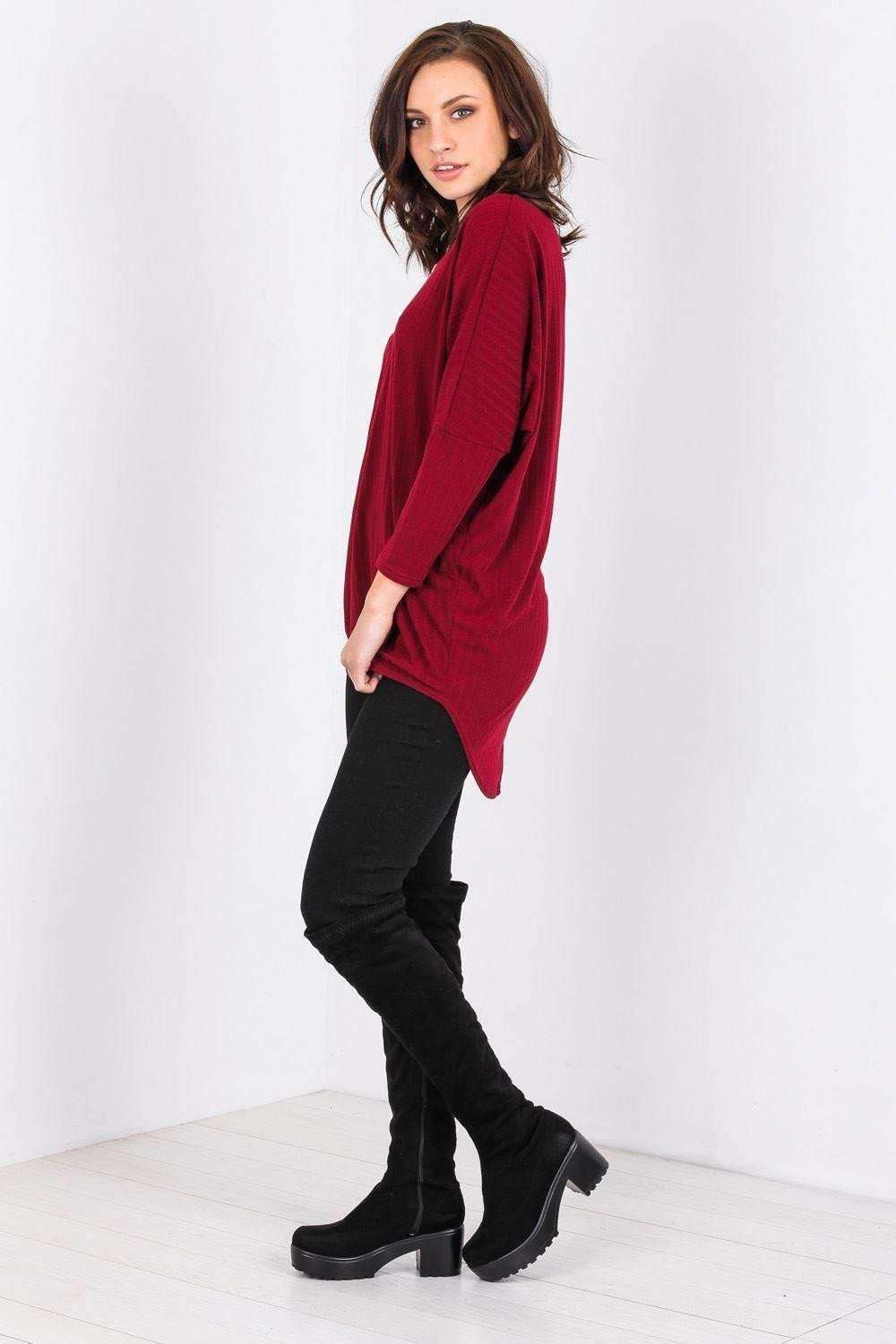 Long Sleeve Plunge Neck Dipped Hem Bat Wing Top - bejealous-com