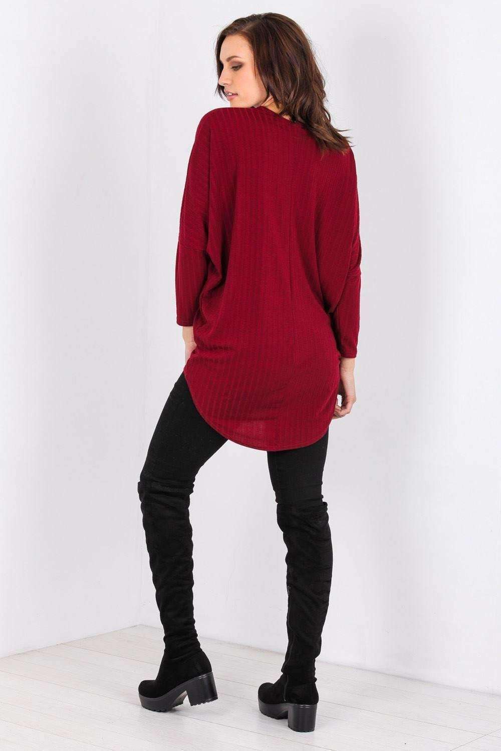 Long Sleeve Plunge Neck Dipped Hem Bat Wing Top - bejealous-com