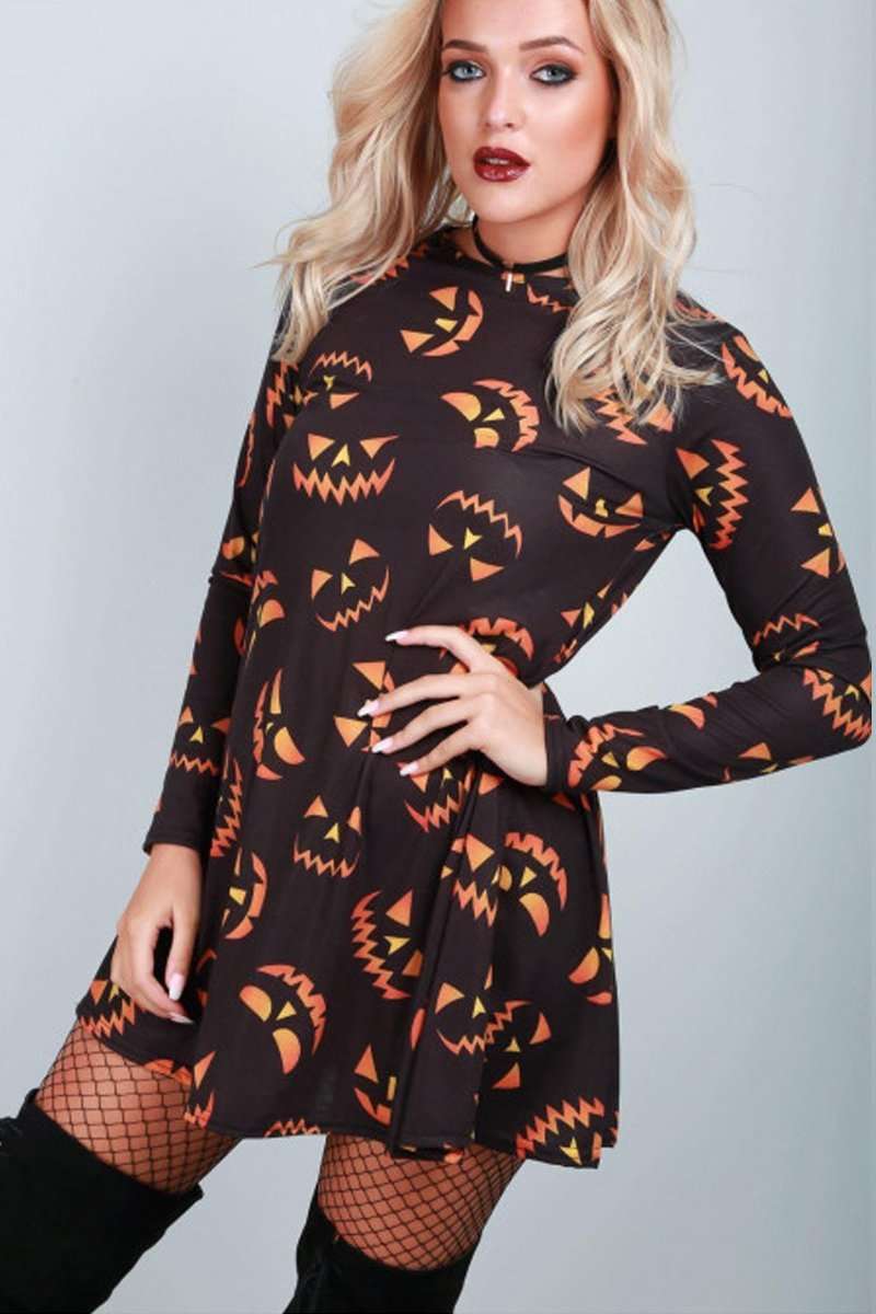 Long Sleeve Pumpkin Smile Swing Dress - bejealous-com
