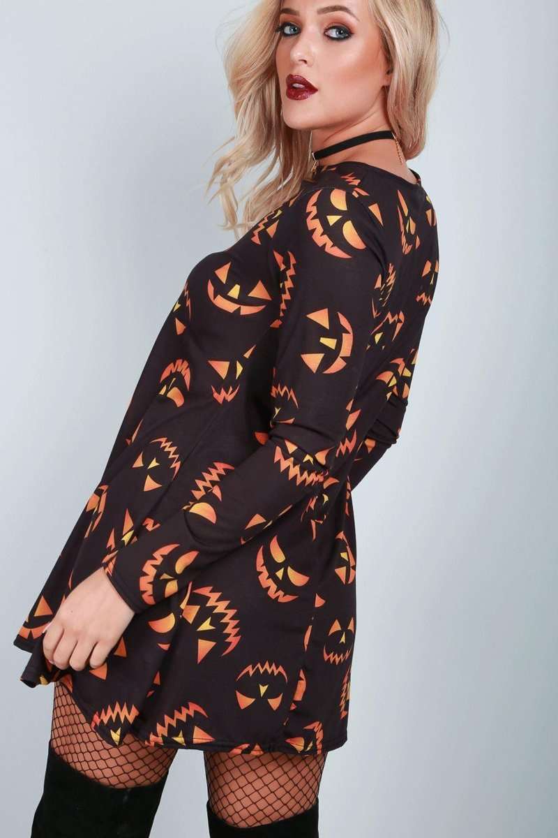 Long Sleeve Pumpkin Smile Swing Dress - bejealous-com