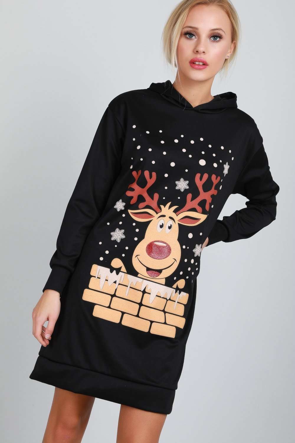 Long Sleeve Reindeer Graphic Print Christmas Jumper Dress - bejealous-com