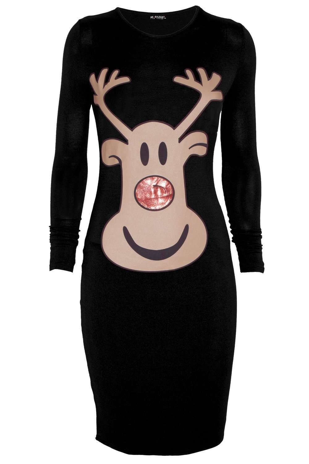 Long Sleeve Reindeer Graphic Print Midi Dress - bejealous-com