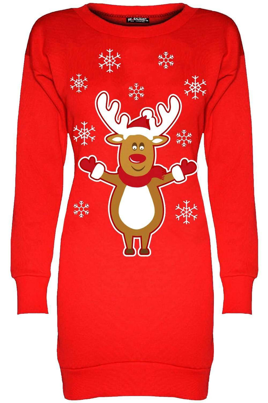 Long Sleeve Rudolph Print Oversized Jumper Dress - bejealous-com
