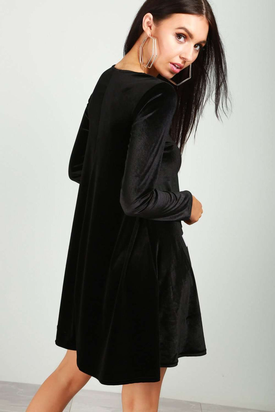 Long Sleeve Santa Costume Faux Velvet Swing Dress - bejealous-com