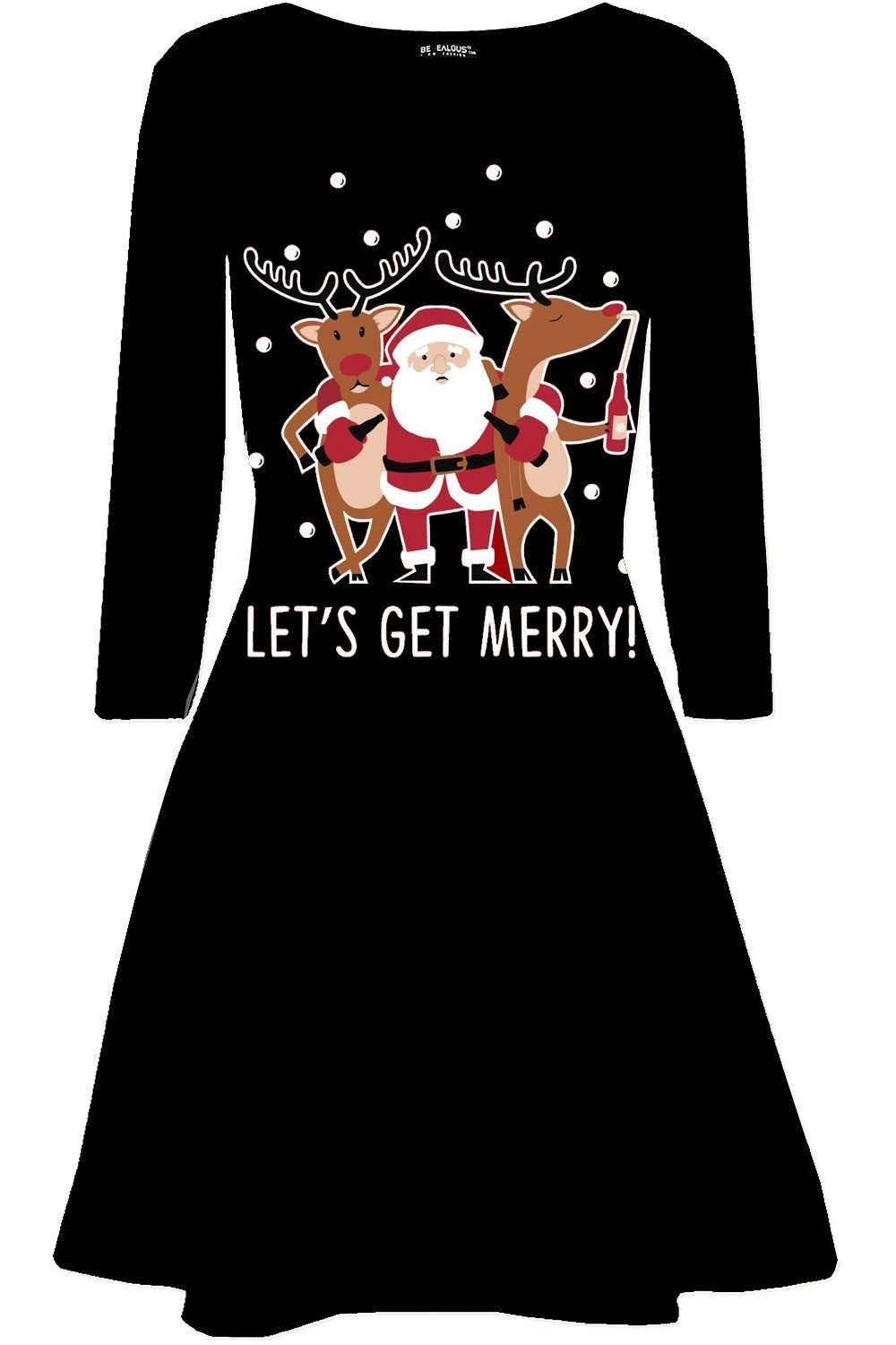 Long Sleeve Santa Print Christmas Swing Dress - bejealous-com