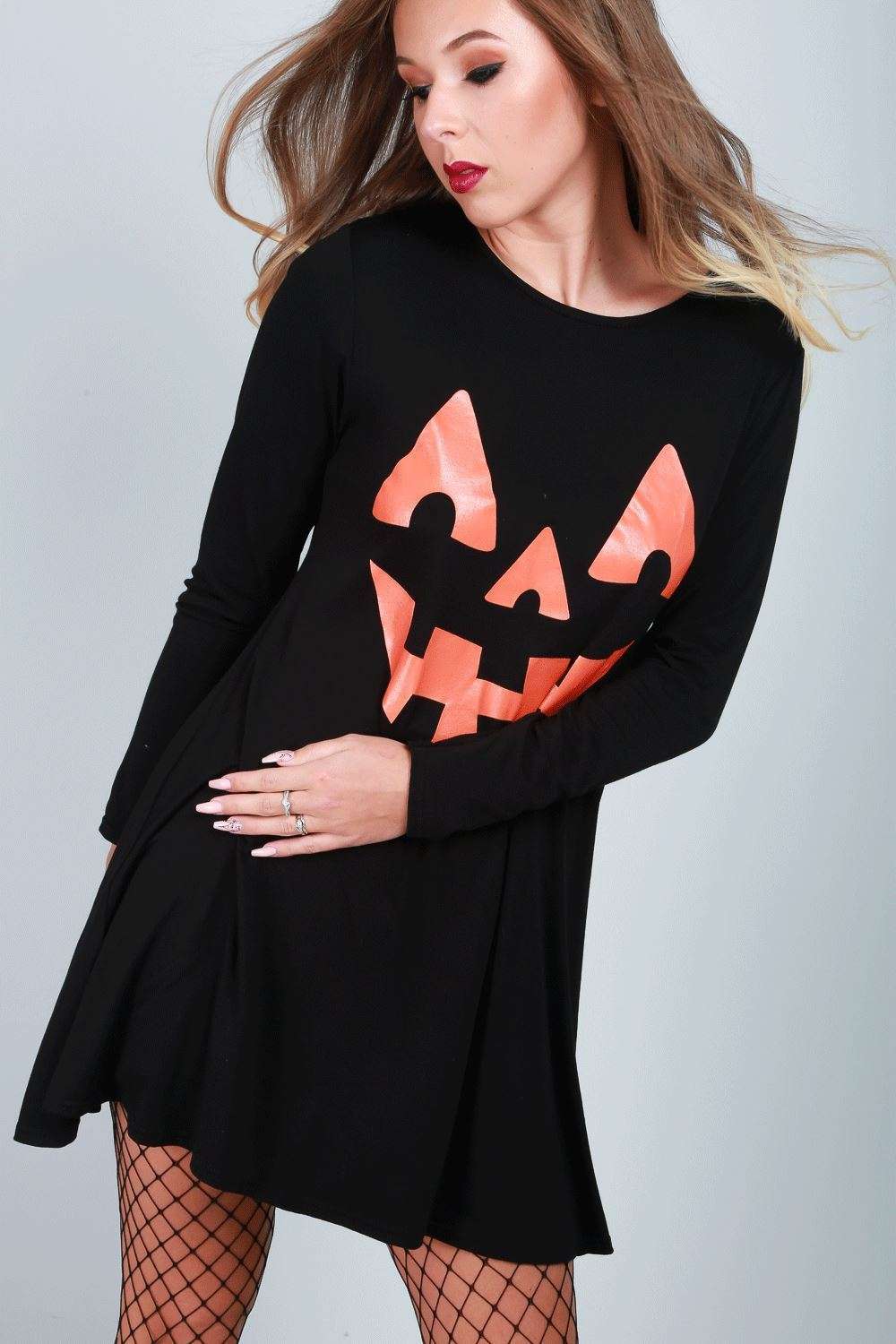 Long Sleeve Scary Pumpkin Swing Dress - bejealous-com