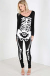 Long Sleeve Skeleton Print Halloween Catsuit - bejealous-com