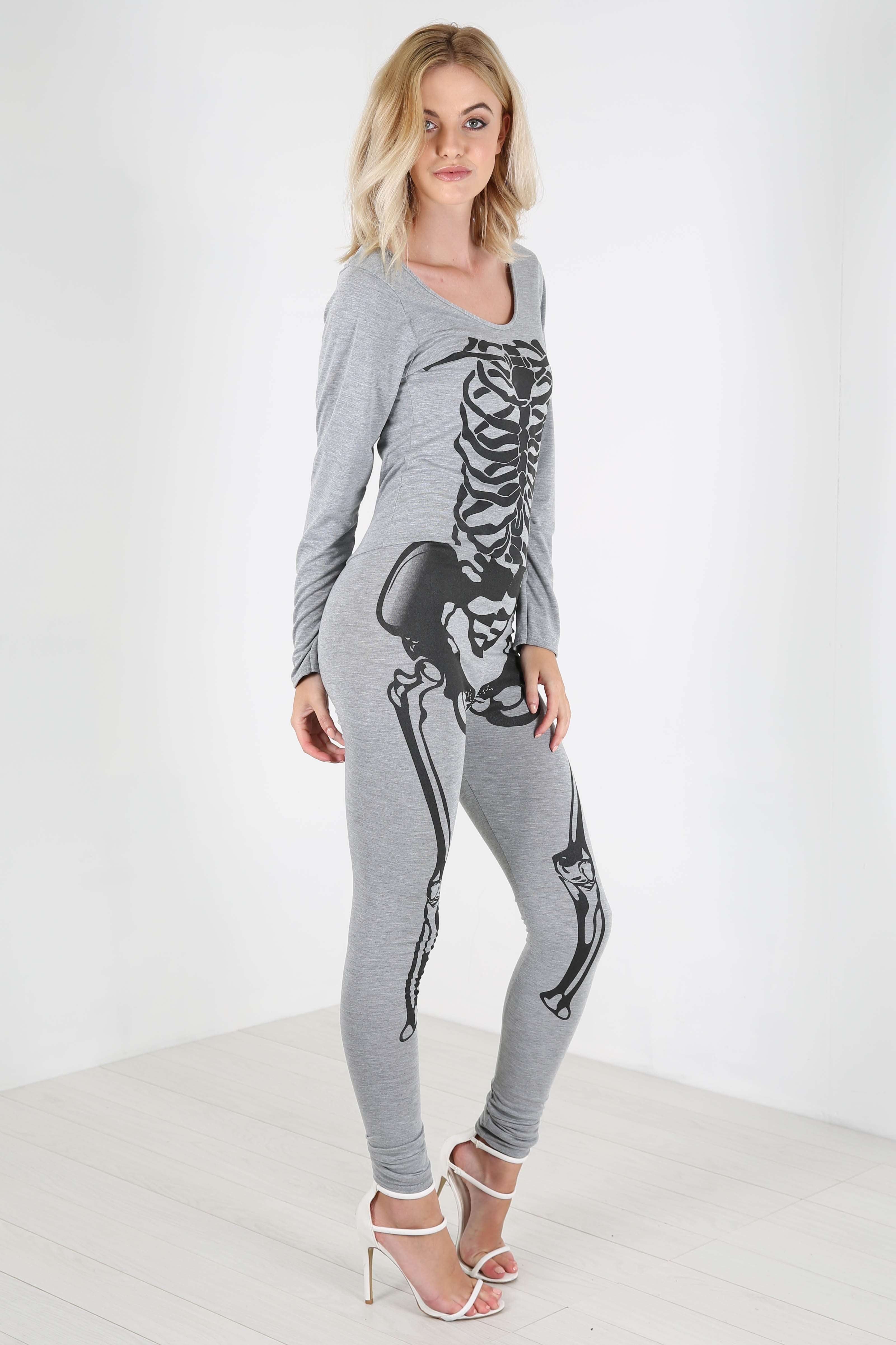 Long Sleeve Skeleton Print Halloween Catsuit - bejealous-com