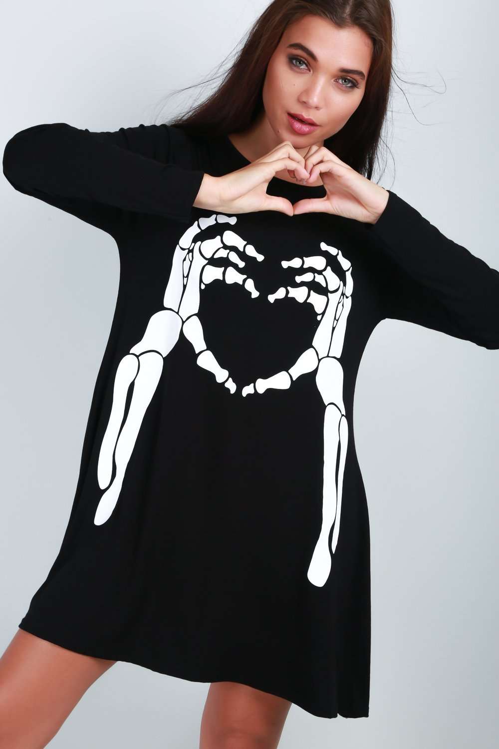 Long Sleeve Skeleton Print Skater Dress - bejealous-com