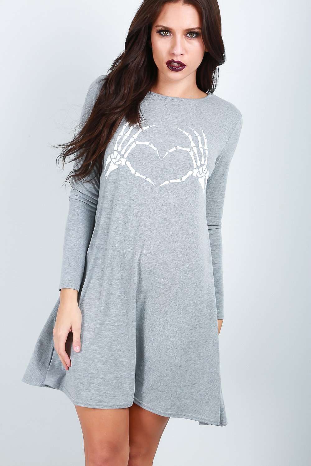 Long Sleeve Skeleton Print Skater Dress - bejealous-com