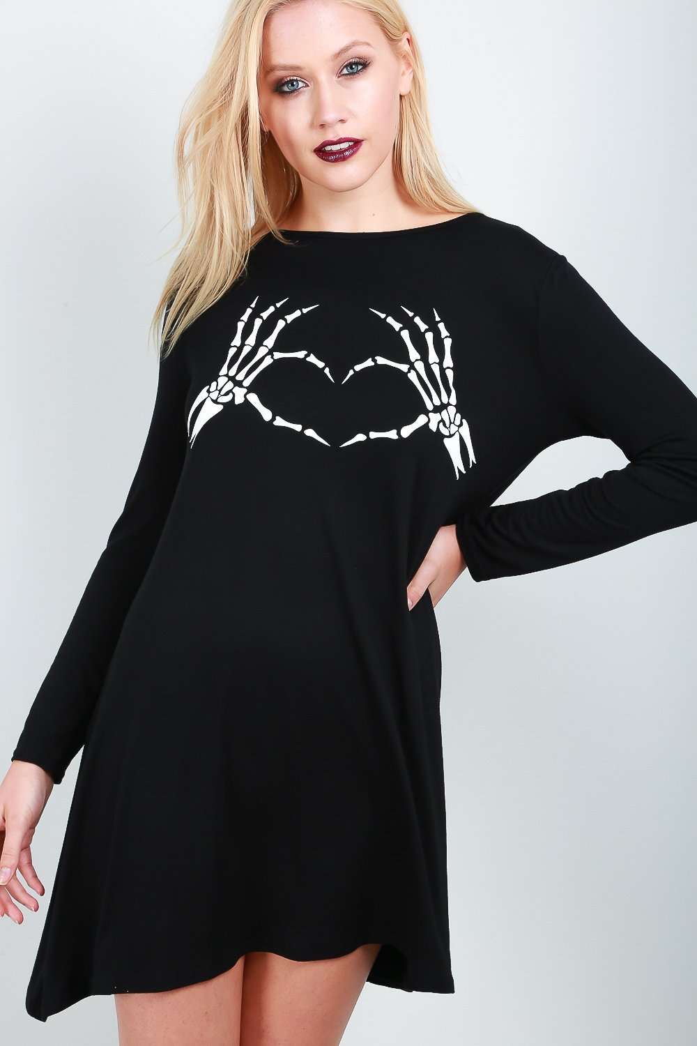 Long Sleeve Skeleton Print Skater Dress - bejealous-com